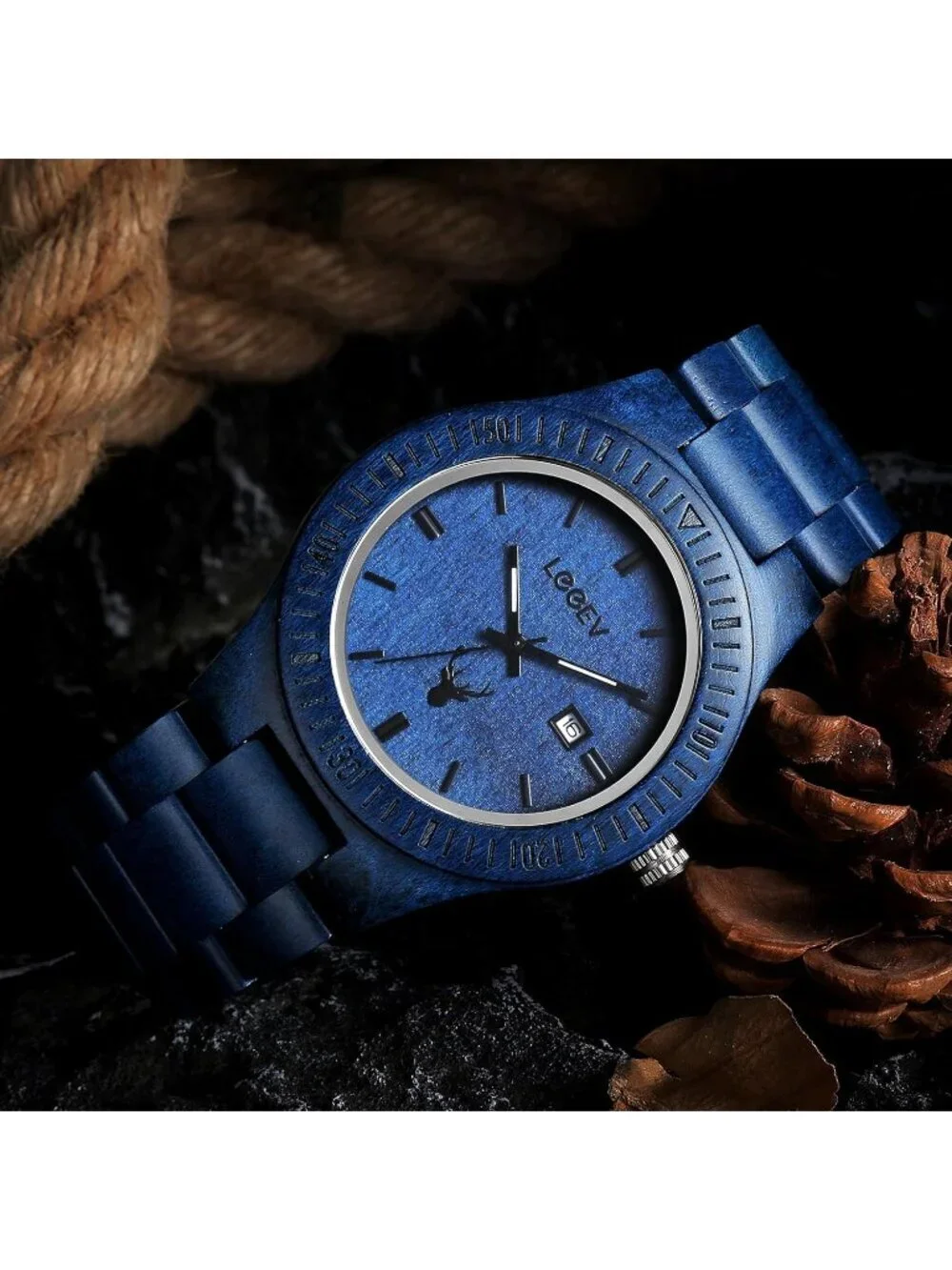 Men's Blue Sandalwood Japanese Quartz Analog Unisex Round Wrist Wooden Watch